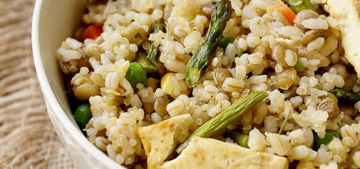 Lentils, Quinoa & Brown Rice with Roasted Asparagus, Tofu and Veggies